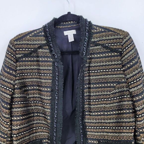 Chico's Boucle Tweed Blazer Size 1 M Black Gold Metallic Striped Chain Trim - Picture 5 of 12